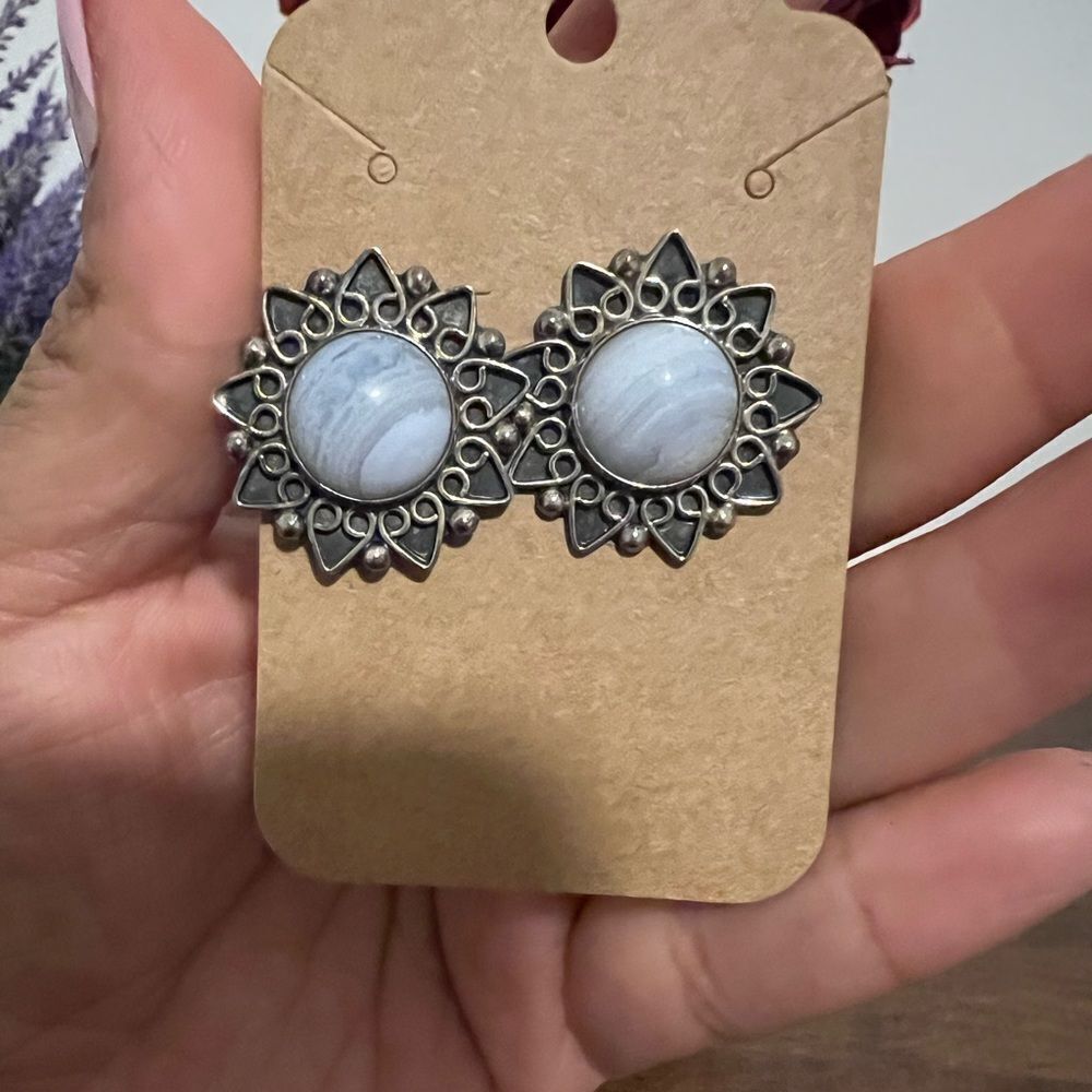 MEXICO CII 925 STERLING SILVER BLUE LACE AGATE PIERCED EARRINGS VINTAGE